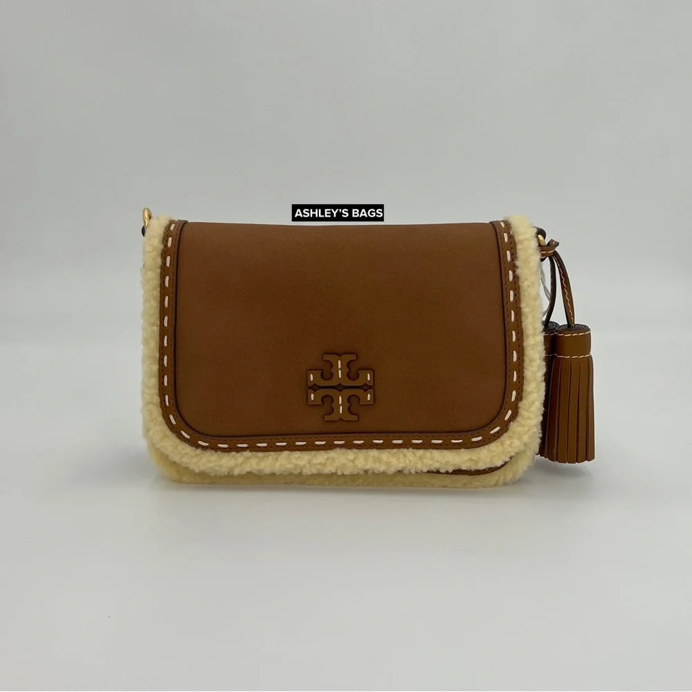 Tory Burch Thea Shearling Flap Crossbody In Moose Brown